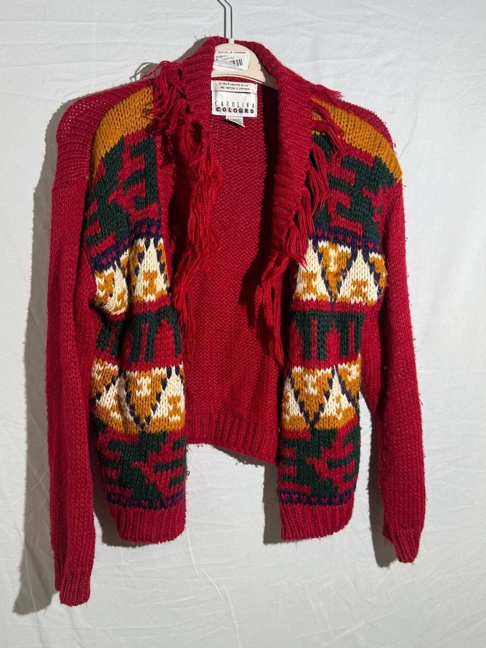 Carolina Colours Vintage 1992 Fringe Aztec Knit Cardigan Sweater Womens Small R